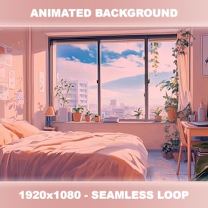 Pode incluir: Um quarto rosa e branco com uma cama, uma janela com vista para uma cidade e plantas. O texto "ANIMATED BACKGROUND" está no topo da imagem. O texto "1920x1080 - SEAMLESS LOOP" está na parte inferior da imagem.