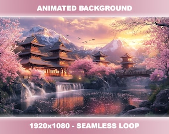 Japanese Temple Animated Background | Cherry Blossom, Waterfalls, Seamless Loop (VTuber Stream Overlay)