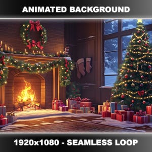May include: Animated Christmas background scene with a decorated tree, fireplace, and wrapped gifts. The scene includes a wreath, garland, and stockings. The text at the bottom reads "1920x1080 - SEAMLESS LOOP".