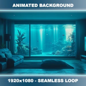 以下が含まれることがあります： 大きな窓からアニメーションの海中シーンが見えるリビングルーム。窓からは、サンゴ礁、魚、光線が差し込む青い海が見えます。部屋にはソファ、コーヒーテーブル、海中シーンを映し出すテレビがあります。
