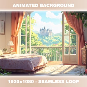 May include: A bedroom with a large window overlooking a lush green forest and a distant castle. The bed is made with a pink and white floral patterned comforter and pillows. The room is decorated with a white wall, a wooden dresser, and a lamp on a nightstand.