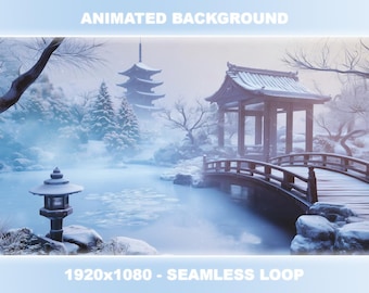 Pode incluir: Um fundo animado que apresenta um jardim japonês nevado com uma pagoda, uma ponte e uma lanterna. A cena se passa no inverno com árvores cobertas de neve e um lago congelado.