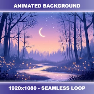 May include: A digital animated background featuring a crescent moon, stars, and a winding river flowing through a purple and pink forest. The forest is filled with glowing fireflies.