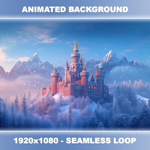May include: A pink castle with gold accents sits on a snowy mountaintop surrounded by a forest of pine trees. The sky is blue with white clouds and falling snow. The text "1920x1080 - SEAMLESS LOOP" is at the bottom of the image.