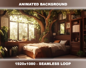 Cozy Treehouse Bedroom Animated Stream Background | Lofi Magical Nature (Seamless Loop) (Digital Download)