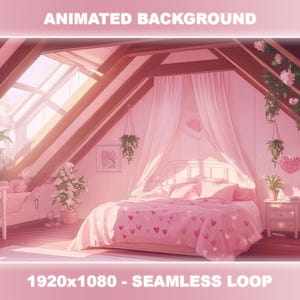 Puede incluir: Un dormitorio rosa y blanco con una cama con dosel, una ventana por la que entra la luz del sol y una decoración en forma de corazón rosa en la pared. El texto "ANIMATED BACKGROUND" está en la parte superior de la imagen. El texto "1920x1080 - SEAMLESS LOOP" está en la parte inferior de la imagen.