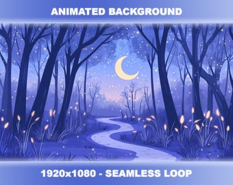 Fundo animado de floresta iluminada pela lua | Sobreposição para transmissão de VTuber Lofi (Loop contínuo)