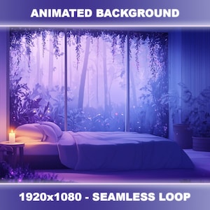 Puede incluir: Un dormitorio con una cama, una vela encendida en una mesita de noche y una ventana con vista a un bosque morado y azul. El texto "1920x1080 - SEAMLESS LOOP" está en la parte inferior de la imagen.