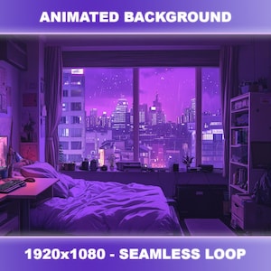 Puede incluir: Imagen de fondo animada de un dormitorio con vista a la ciudad. La habitación está iluminada con luz púrpura, con una cama, un escritorio y estanterías. Se muestra el texto "ANIMATED BACKGROUND" y "1920x1080 - SEAMLESS LOOP".