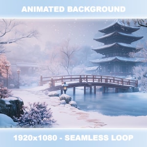 Può includere: Uno sfondo animato che presenta un giardino giapponese innevato con una pagoda, un ponte e uno stagno. La scena si svolge in inverno con neve che cade e un cielo azzurro morbido. Il testo "ANIMATED BACKGROUND" appare nella parte superiore dell'immagine, e "1920x1080 - SEAMLESS LOOP" appare nella parte inferiore.