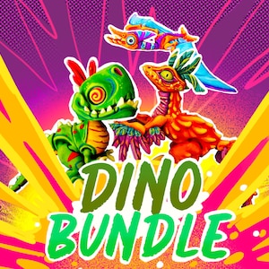 May include: A vibrant illustration features three cartoon dinosaurs in shades of green, orange, and blue, set against a purple and yellow background. The text "DINO BUNDLE" is prominently displayed in green. The image has a playful, cartoonish style.