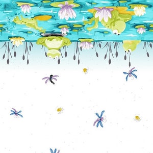 Paul&#39;s Pond Aqua/Multi Cotton Double Border by Susybee for Clothworks 44/45 Inches Wide