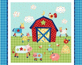 BTY Little Red Barn Farm Animal Toss on Red Fabric 100/% Cotton