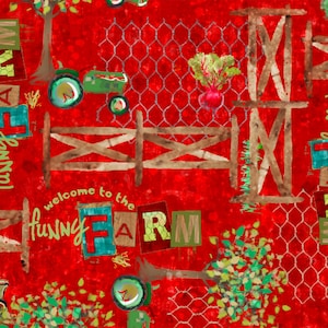 Tissus Welcome To the Funny Farm Multi Red par Connie Haley pour 3 vœux, impression numérique en coton, 44/45 pouces de large