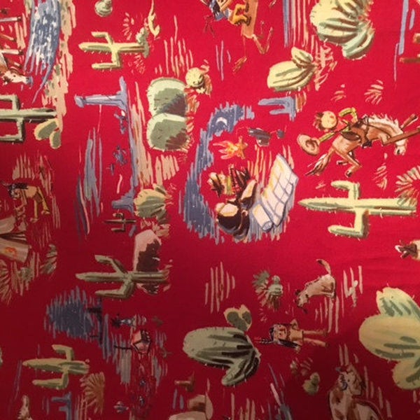 Western Fabric, Out Of Print Alexander Henry Cowboys and Indians Red Multi Cotton Fabric