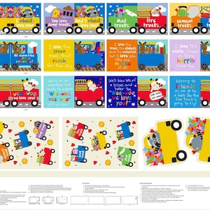 May include: A fabric panel featuring colorful illustrations of various trucks, including fire trucks and mail trucks, with friendly animal characters and playful text like "I wheel love you!" and "Wee-woo we love you!"