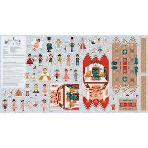May include: A fabric panel titled Nutcracker Tradition featuring printed cut-out shapes of characters, mice, and a gingerbread house interior. The light blue background includes instructions and various festive figures in colorful clothing for sewing projects.