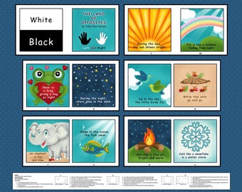 May include: A children's book with illustrations teaching opposites. The book includes concepts like "White" and "Black", "Left and Right", "Big and Slow", and "Hot and Cold". Each page has a picture and a short description.