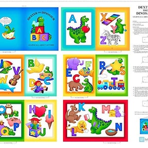 Panel de libro de tela: Dexter el dinosaurio aprende sobre letras gracias a Quilting Treasures