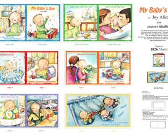 Peut inclure: Livre pour enfants intitulé « My Baby's Day » par Joy Allen. La couverture présente un bébé de dessin animé en pyjama vert. À l'intérieur, des illustrations colorées décrivent diverses activités de bébé, comme jouer, se baigner et interagir avec ses parents.