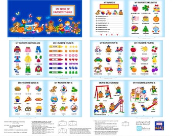 Peut inclure: Un panneau en tissu intitulé My Book of Favorite Things présentant des illustrations colorées d'animaux, de vêtements, de jouets, de fruits, de collations et d'activités de terrain de jeu. La mise en page inclut des sections à remplir et des instructions.