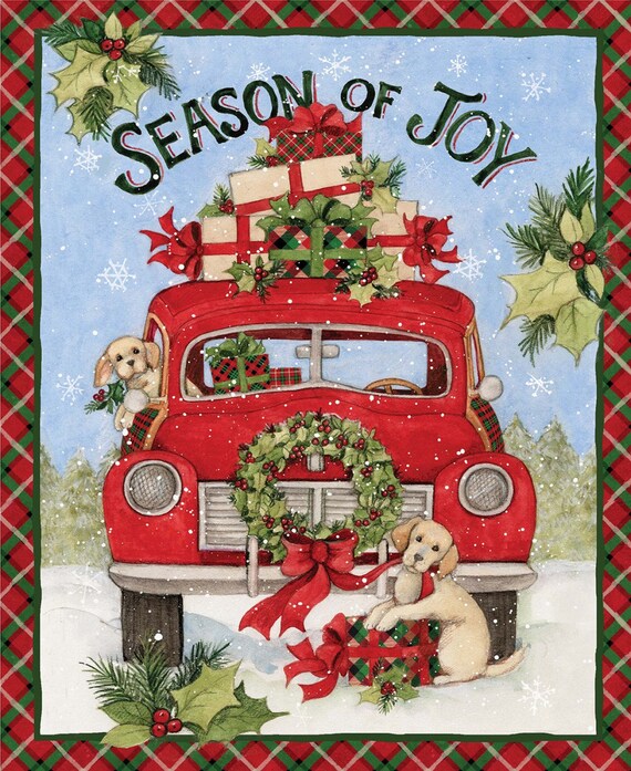 Christmas Holiday Panel Season Of Joy Red Truck Cotton Panel Etsy