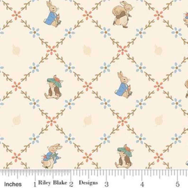 Peter Rabbit & Benjamin Bunny Lattice Cream Cotton Fabric Yardage, 43/ ...