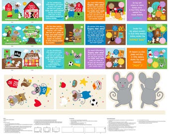 Peut inclure: Un panneau de tissu coloré avec un motif en patchwork représentant différentes scènes de souris jouant à cache-cache. Le panneau comprend des textes tels que "There's a mouse in the schoolhouse" et "There's a mouse in the tree house".