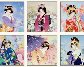 Geiko Asian Block Panel Cream/Multi 24 x 44 Inches  by Haruyo Morita for Elizabeth Studios