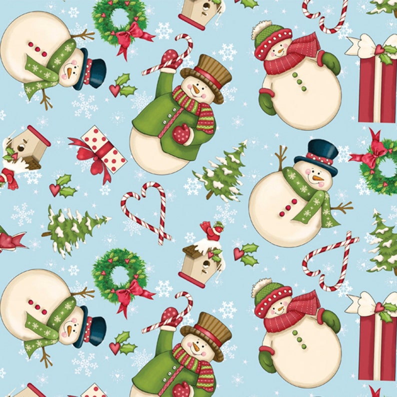 Fabric Holiday Happy Snowman Christmas Cotton Fabric By The Yard
