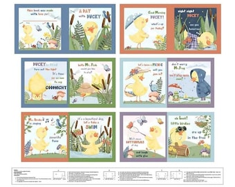 Peut inclure: Un panneau de tissu présentant douze carrés illustrés avec un personnage de caneton jaune. Chaque carré contient du texte comme A Day with Ducky, Good Morning Ducky et Ducky is tired. La section inférieure inclut des instructions de couture.
