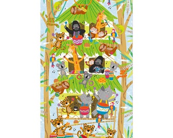 Jungle Drums Treehouse Fabric Panel by Liza Lewis for Clothworks Fabrics 24 x 44 inches