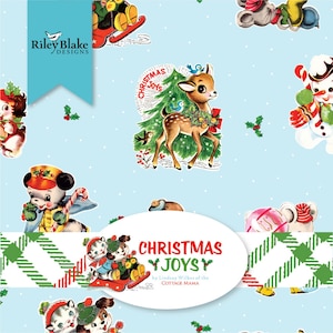 May include: A blue and white Christmas fabric featuring a variety of vintage-style illustrations, including a deer, a snowman, a cat and a dog. The fabric has a white polka dot background and the text "Christmas Joys" is printed in a red and white font.