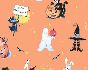 May include: Orange Halloween-themed fabric featuring vintage illustrations. The design includes a black cat with a pumpkin, a ghost holding a pumpkin, and a cat holding a sign that says "HAPPY HALLOWEEN". Other elements include bats, stars, and a witch's hat.