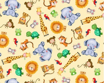 Tissu en coton jaune Jungle Paradise/Multicolore animaux de compagnie de Michael Miller Fabrics 44/45 pouces de large