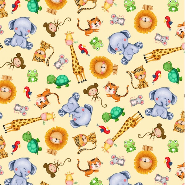 Tissu en coton jaune Jungle Paradise/Multicolore animaux de compagnie de Michael Miller Fabrics 44/45 pouces de large