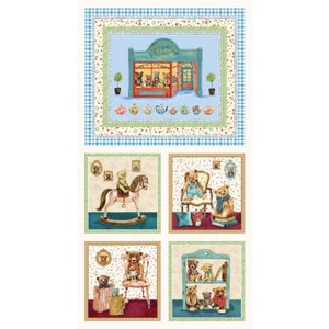 May include: A fabric panel featuring a charming teddy bear theme. The top panel shows a shop with the text "Sweet Loved Star" and teddy bears. Below are panels with teddy bears on a rocking horse, in a chair, and on a shelf.