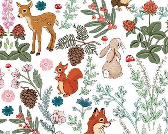 Aventure en forêt, coton blanc, animaux des bois de Michael Miller Fabrics