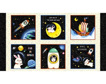 Hula Universe Shoot For The Stars Children's Fabric Panel From Michael Miller Multi/Black Cotton 24 x 44 Inches