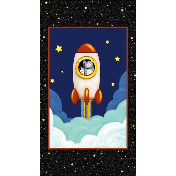 Hula Universe Lift Off Children's Fabric Panel 24 x 42 Inches Black/Multi Cotton from The Little Red House for Michael Miller