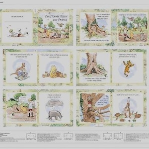 Può includere: Una collezione di pannelli illustrati con i personaggi di "Christopher Robin e i suoi amici". I pannelli raffigurano scene con Winnie the Pooh, Christopher Robin e altri personaggi in uno stile fiabesco e stravagante, con colori tenui e testo.