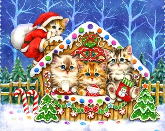 Kitten Christmas Holiday Fabric Digitally Printed Panel 24 x 44 Inches by Kayomi Harai Collection for Studio E