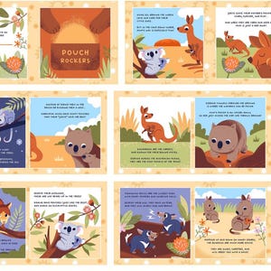 May include: A colorful fabric panel with illustrations of Australian animals and text that reads "Pouch Rockers". The panel features a koala, kangaroo, wombat, and Tasmanian devil. The text describes the animals' habits and habitats.