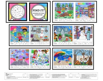 Peut inclure: Un livre d'activités Find It! Hidden Picture Adventure présentant plusieurs scènes illustrées colorées, dont un jardin, un magasin de jouets, un jour de pluie, une cuisine, Halloween, un bonhomme de neige, l'espace, une salle d'art, la plage et l'automne.