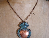 LG. SACRED HEART Intricate Copper Milagro Necklace- Perfect gift for the one you love- 2.75 quot