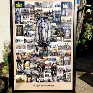 May include: A black framed poster with a collage of images of the Basilica of Guadalupe in Mexico City. The poster features a central image of the Virgin of Guadalupe, surrounded by smaller images of the basilica's architecture and surrounding area. The poster is titled "Virgen de Guadalupe".