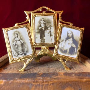 Vintage tin jesus, mary, and saint christopher shrine - beautiful and unique