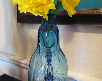 Vintage 12.5 inch GUADALUPE  Holy Water Cobalt Glass Bottle with Pontil- Includes Flowers - No Chips