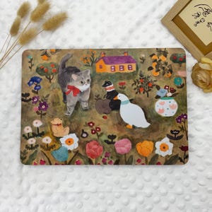 May include: A watercolor illustration of a whimsical garden scene with a gray cat, a duck, and two penguins. The garden is filled with colorful flowers, a small house, and a birdhouse. The illustration is painted on a brown background.
