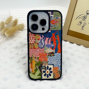 May include: A smartphone case featuring a vibrant, multi-colored collage design. The artwork includes various illustrations such as a blue spiral shell, orange abstract figures, a yellow fish, a dark blue flower, and green foliage patterns.